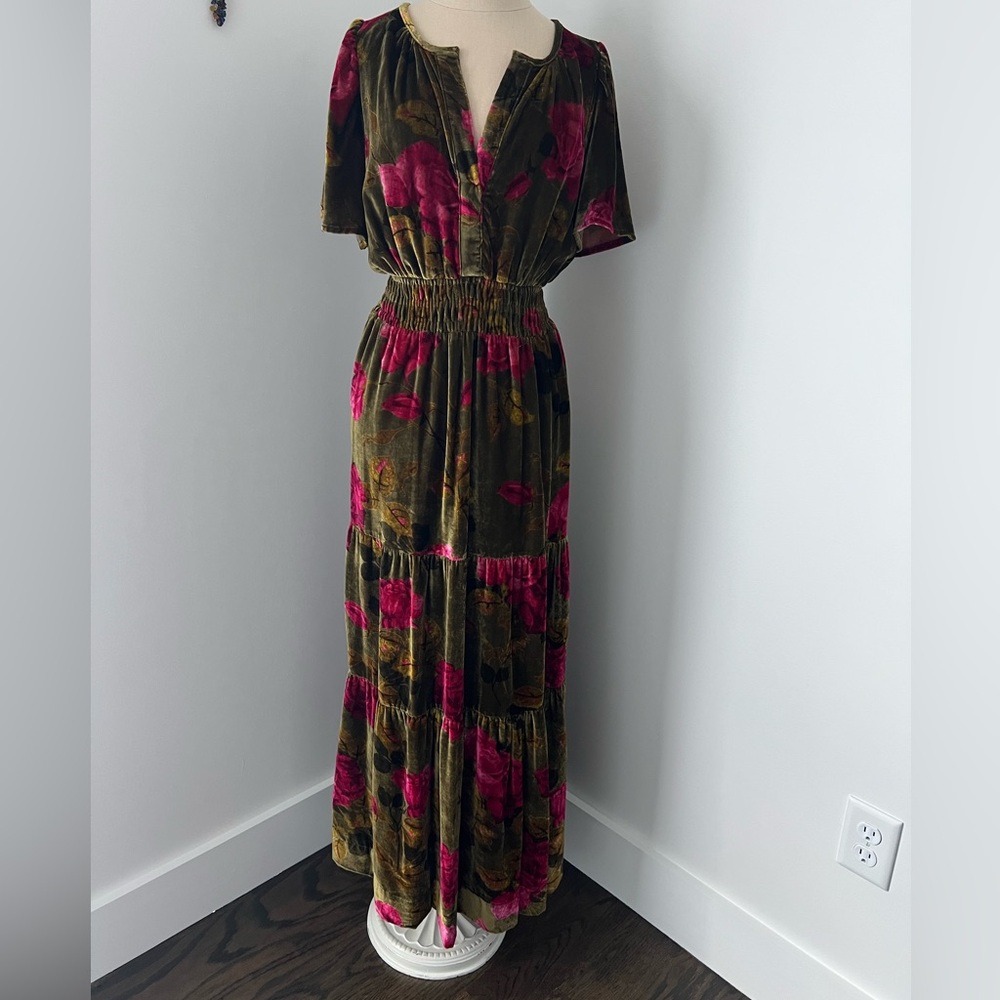 Anthropologie Pink and Green Velvet Maxi Dress